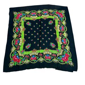 Vintage Ukrainian Black Floral Wool Challis Ethnic Scarf As Found